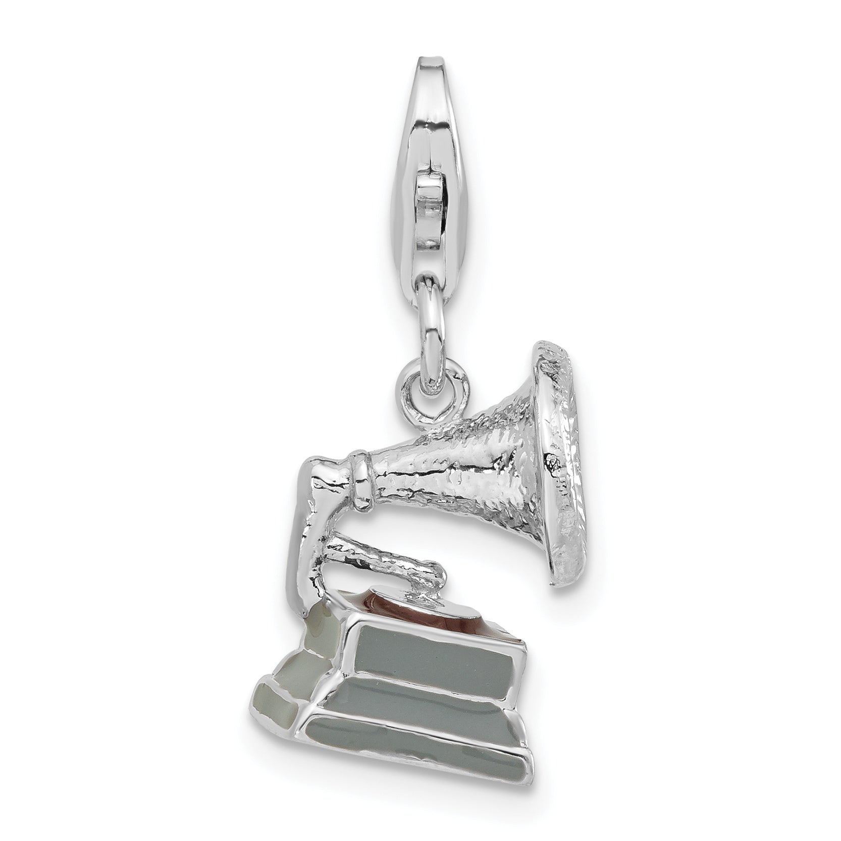 Sterling Silver 3-D Polished Enameled Phonograph W/ Lobster Clasp Charm