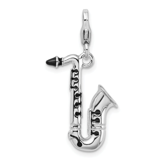 Sterling Silver Amore La Vita Rhodium-Plated Polished 3-D Enameled Saxophone Charm With Fancy Lobster Clasp