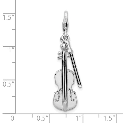 Sterling Silver Amore La Vita Rhodium-Plated Polished 3-D Violin With Antiqued Bow Charm Fancy Lobster Clasp