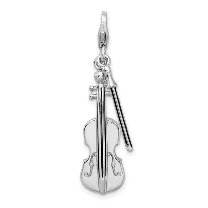 Sterling Silver Amore La Vita Rhodium-Plated Polished 3-D Violin With Antiqued Bow Charm Fancy Lobster Clasp