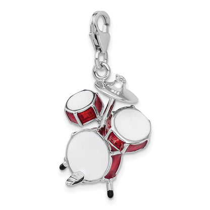 Sterling Silver Amore La Vita Rhodium-Plated Polished 3-D Enameled Drum Set Charm With Fancy Lobster Clasp