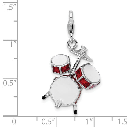 Sterling Silver Amore La Vita Rhodium-Plated Polished 3-D Enameled Drum Set Charm With Fancy Lobster Clasp