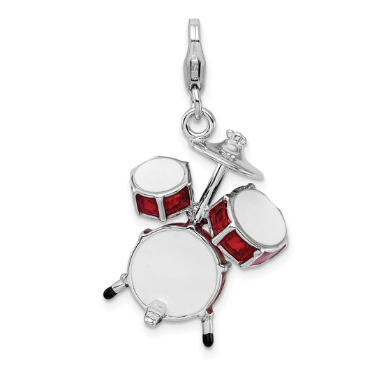 Sterling Silver Amore La Vita Rhodium-Plated Polished 3-D Enameled Drum Set Charm With Fancy Lobster Clasp