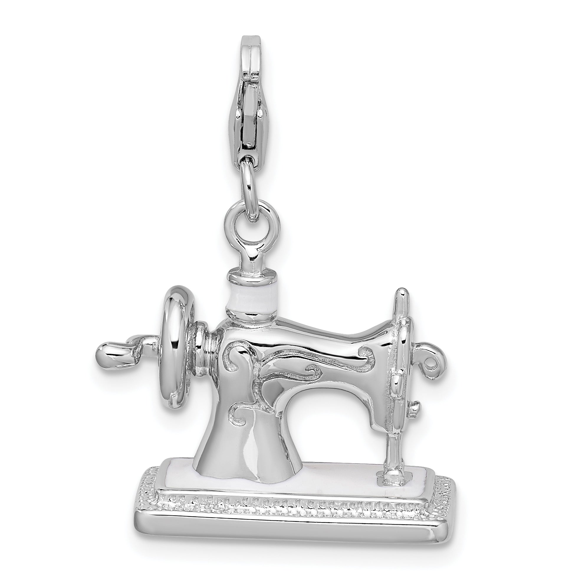 Sterling Silver Amore La Vita Rhodium-Plated Polished 3-D Enameled Sewing Machine Charm With Fancy Lobster Clasp
