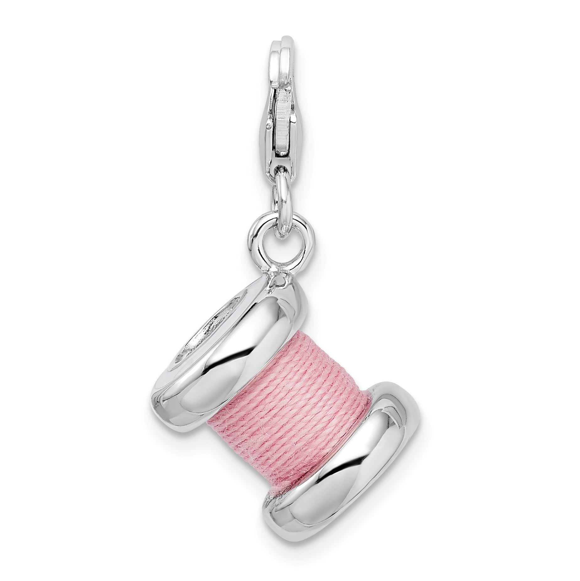 Sterling Silver Amore La Vita Rhodium-Plated Polished 3-D Enameled Pink Spool Of Thread Charm With Fancy Lobster Clasp