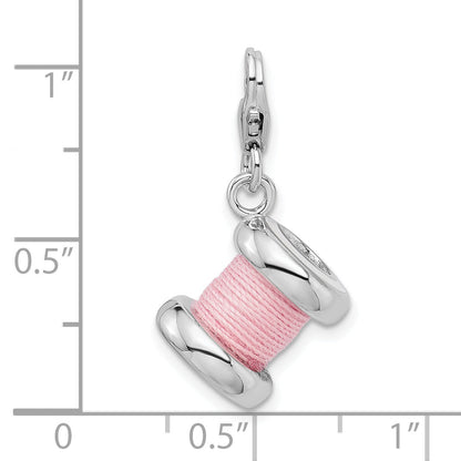 Sterling Silver Amore La Vita Rhodium-Plated Polished 3-D Enameled Pink Spool Of Thread Charm With Fancy Lobster Clasp