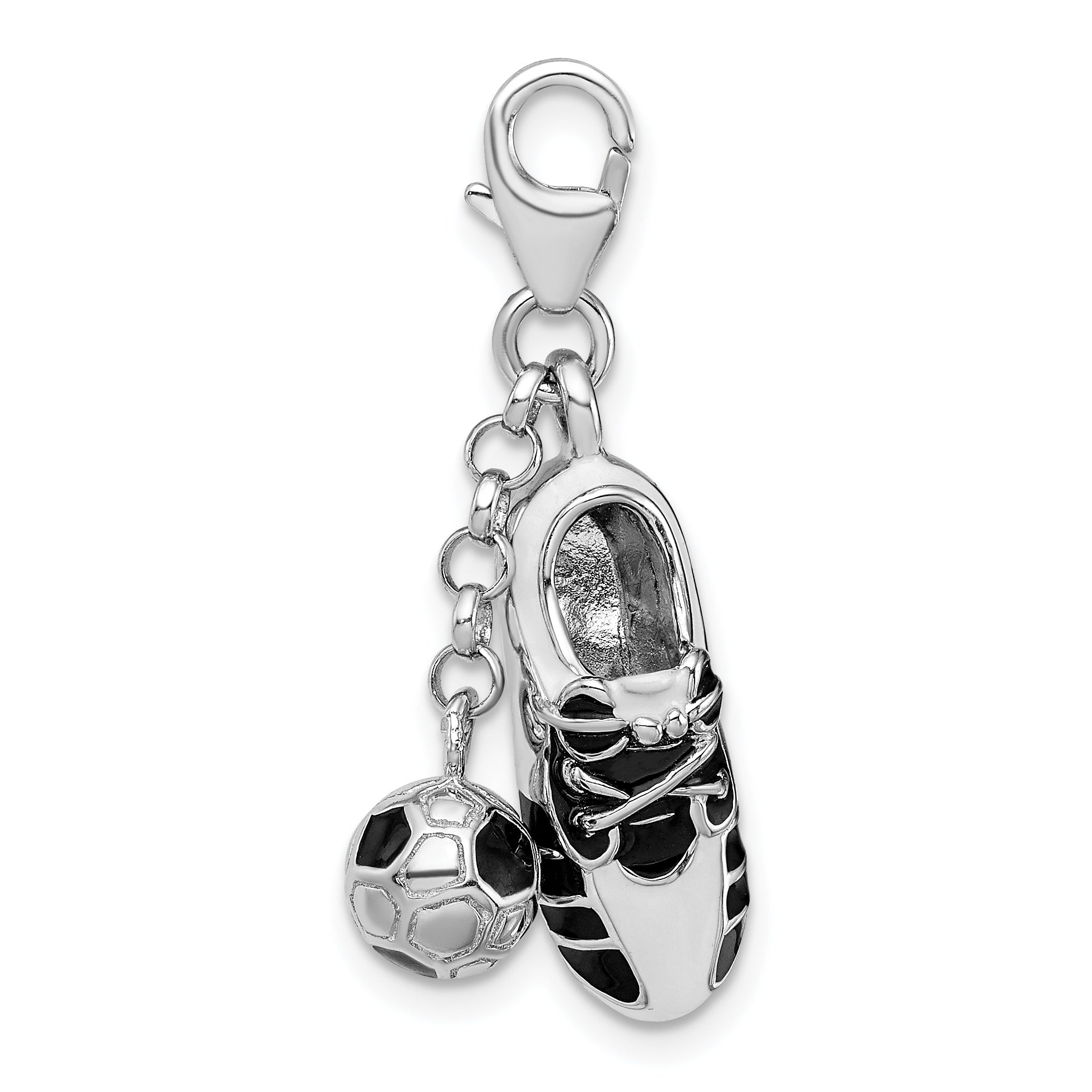 Sterling Silver Amore La Vita Rhodium-Plated Polished 3-D Moveable Enameled Soccer Shoe And Ball Charm With Fancy Lobster Clasp