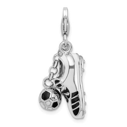 Sterling Silver Amore La Vita Rhodium-Plated Polished 3-D Moveable Enameled Soccer Shoe And Ball Charm With Fancy Lobster Clasp