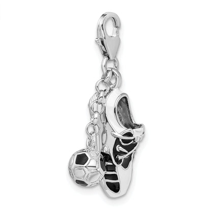 Sterling Silver Amore La Vita Rhodium-Plated Polished 3-D Moveable Enameled Soccer Shoe And Ball Charm With Fancy Lobster Clasp