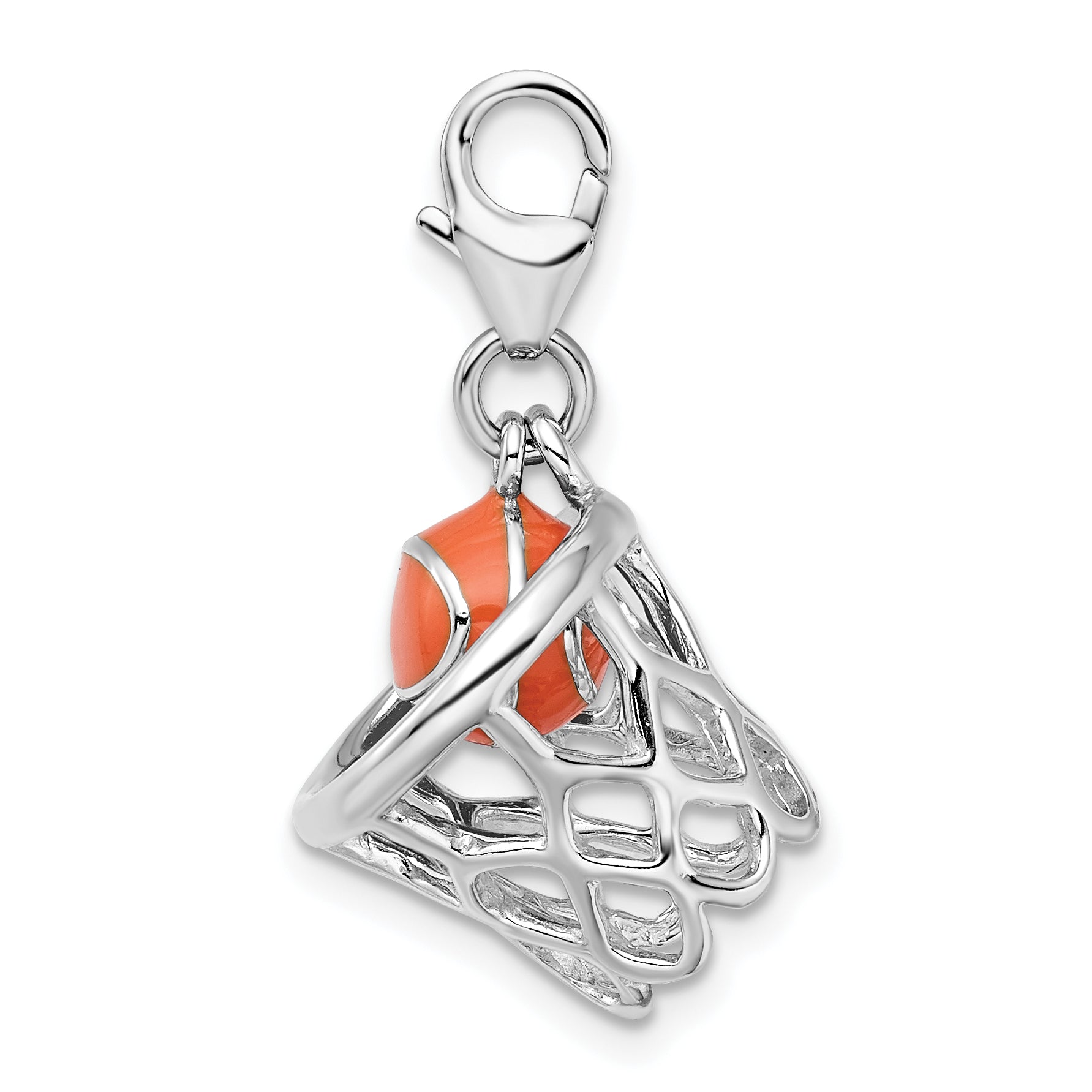 Sterling Silver Amore La Vita Rhodium-Plated Polished 3-D Moveable Enameled Basketball In Net Charm With Fancy Lobster Clasp