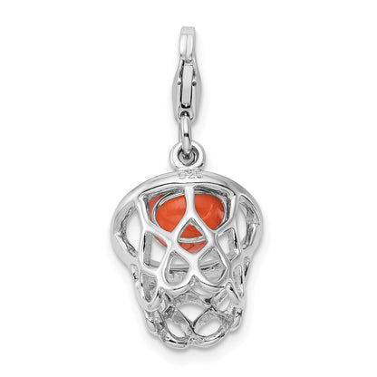 Sterling Silver Amore La Vita Rhodium-Plated Polished 3-D Moveable Enameled Basketball In Net Charm With Fancy Lobster Clasp