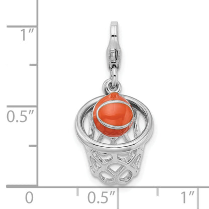 Sterling Silver Amore La Vita Rhodium-Plated Polished 3-D Moveable Enameled Basketball In Net Charm With Fancy Lobster Clasp