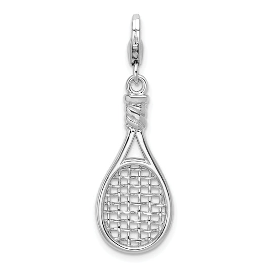 Sterling Silver Amore La Vita Rhodium-Plated Polished 3-D Tennis Racquet Charm With Fancy Lobster Clasp