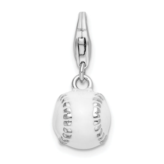 Sterling Silver Amore La Vita Rhodium-Plated Polished 3-D And Enameled Baseball Charm With Fancy Lobster Clasp