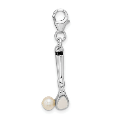 Sterling Silver Amore La Vita Rhodium-Plated Polished 3-D Freshwater Cultured Pearl Golf Club Charm With Fancy Lobster Clasp