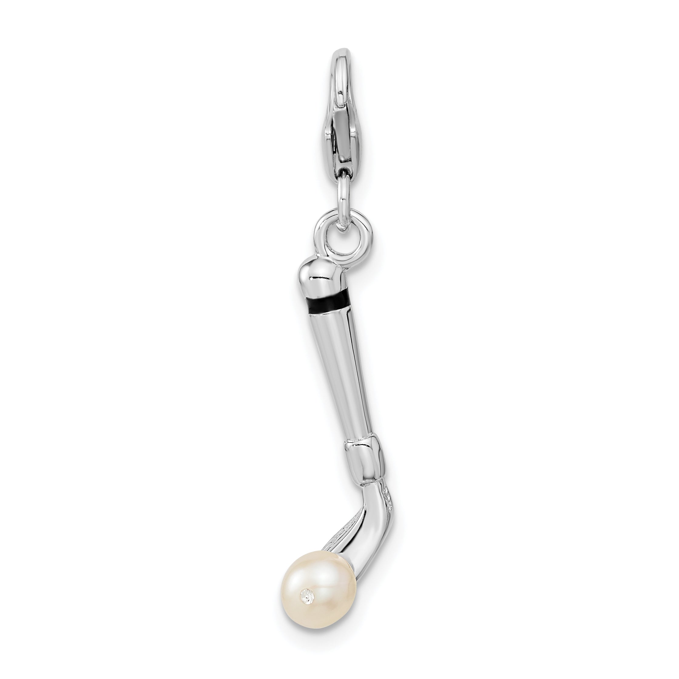Sterling Silver Amore La Vita Rhodium-Plated Polished 3-D Freshwater Cultured Pearl Golf Club Charm With Fancy Lobster Clasp