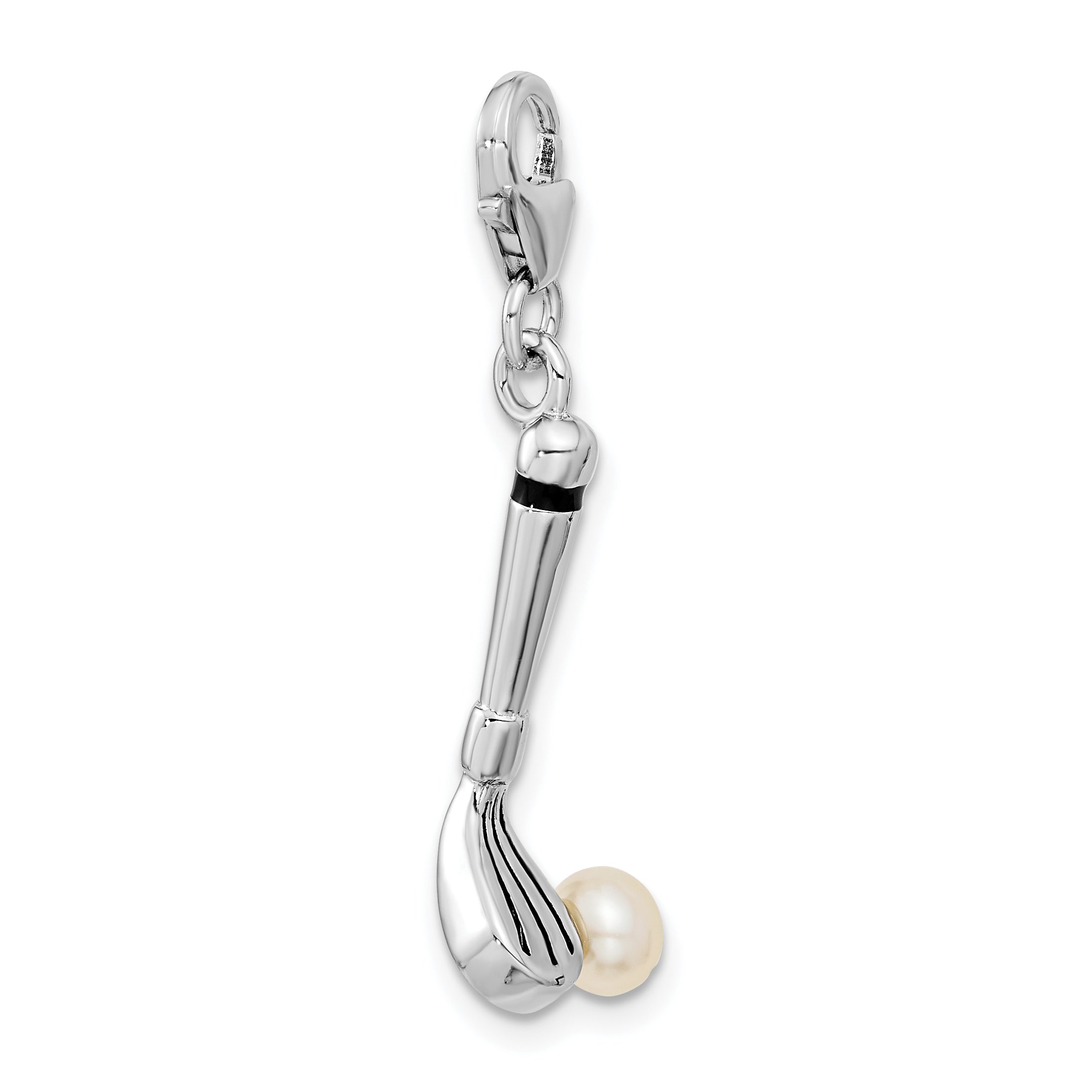 Sterling Silver Amore La Vita Rhodium-Plated Polished 3-D Freshwater Cultured Pearl Golf Club Charm With Fancy Lobster Clasp
