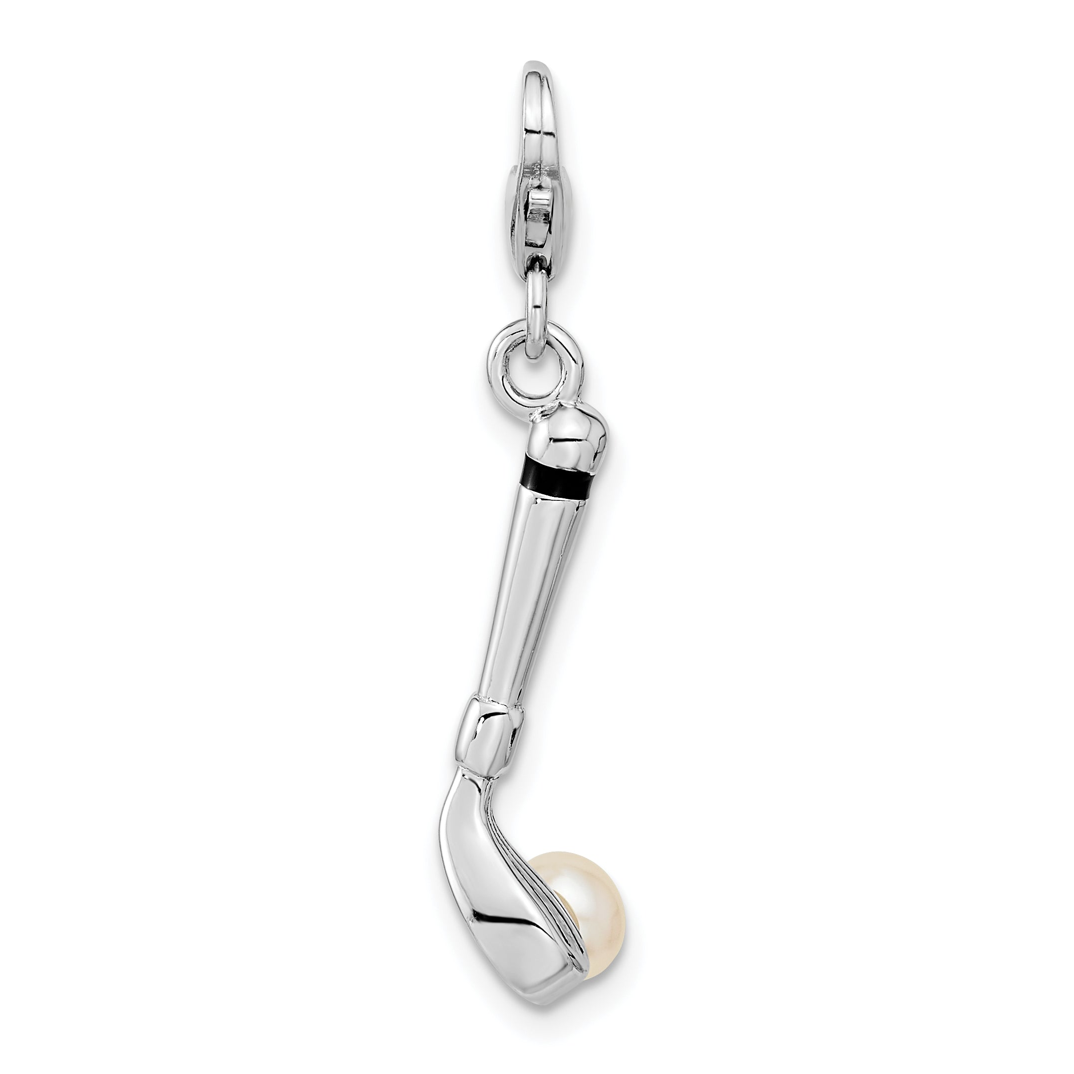Sterling Silver Amore La Vita Rhodium-Plated Polished 3-D Freshwater Cultured Pearl Golf Club Charm With Fancy Lobster Clasp