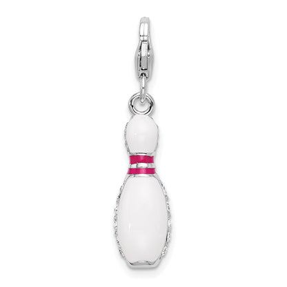 Sterling Silver Amore La Vita Rhodium-Plated Polished 3-D Reversible Enameled Bowling Pin Charm With Fancy Lobster Clasp