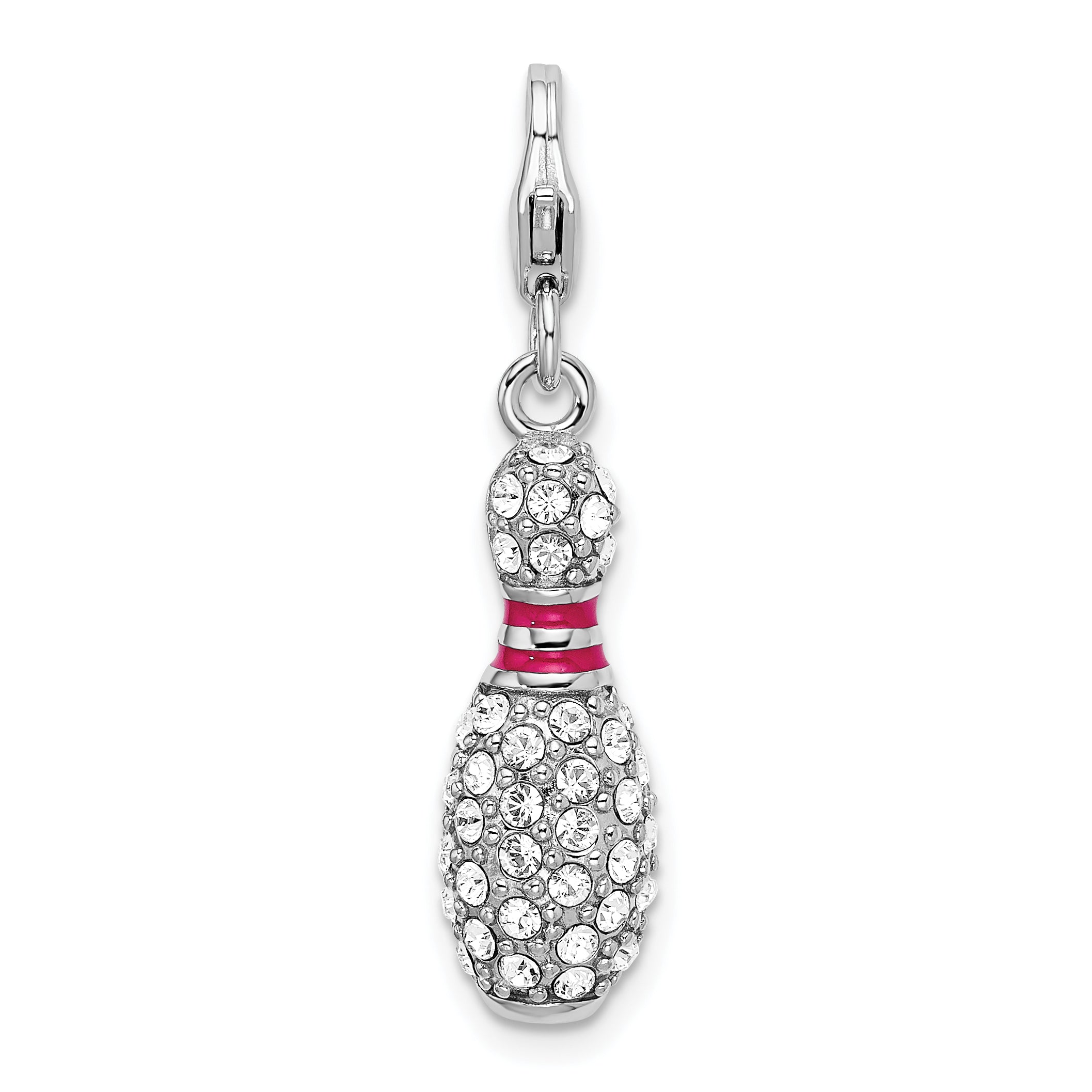 Sterling Silver Amore La Vita Rhodium-Plated Polished 3-D Reversible Enameled Bowling Pin Charm With Fancy Lobster Clasp