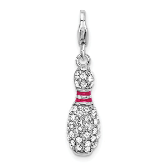 Sterling Silver Amore La Vita Rhodium-Plated Polished 3-D Reversible Enameled Bowling Pin Charm With Fancy Lobster Clasp