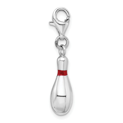 Sterling Silver Amore La Vita Rhodium-Plated Polished 3-D Enameled Bowling Pin Charm With Fancy Lobster Clasp