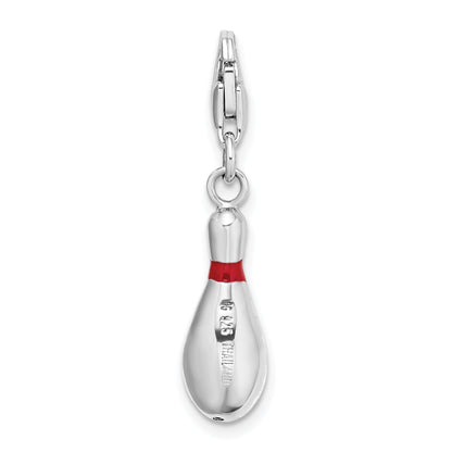 Sterling Silver Amore La Vita Rhodium-Plated Polished 3-D Enameled Bowling Pin Charm With Fancy Lobster Clasp