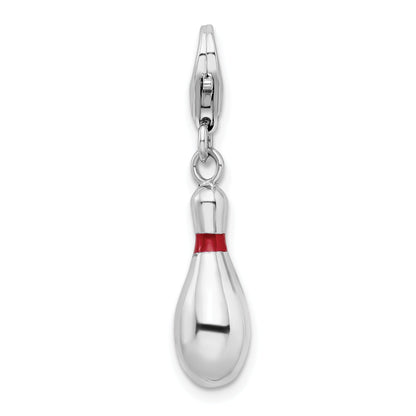 Sterling Silver Amore La Vita Rhodium-Plated Polished 3-D Enameled Bowling Pin Charm With Fancy Lobster Clasp