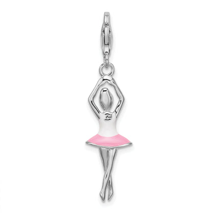 Sterling Silver Amore La Vita Rhodium-Plated Polished 3-D Enameled Ballerina Charm With Fancy Lobster Clasp