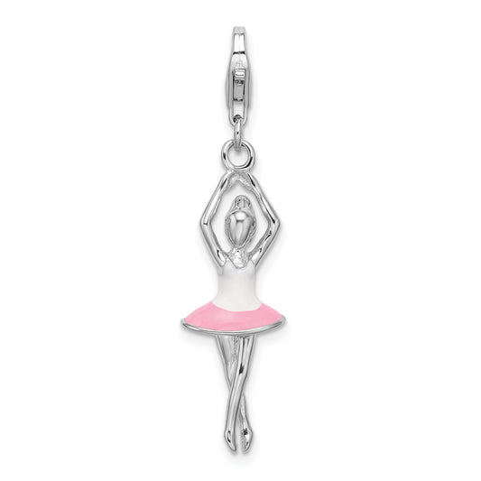 Sterling Silver Amore La Vita Rhodium-Plated Polished 3-D Enameled Ballerina Charm With Fancy Lobster Clasp