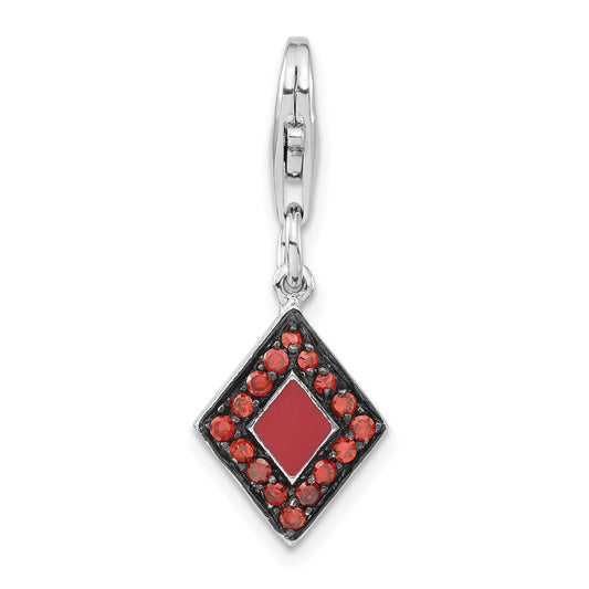 Sterling Silver Rhodium-Plated Red Cz & Enamel Diamond Shaped W/Lobster Clasp Charm