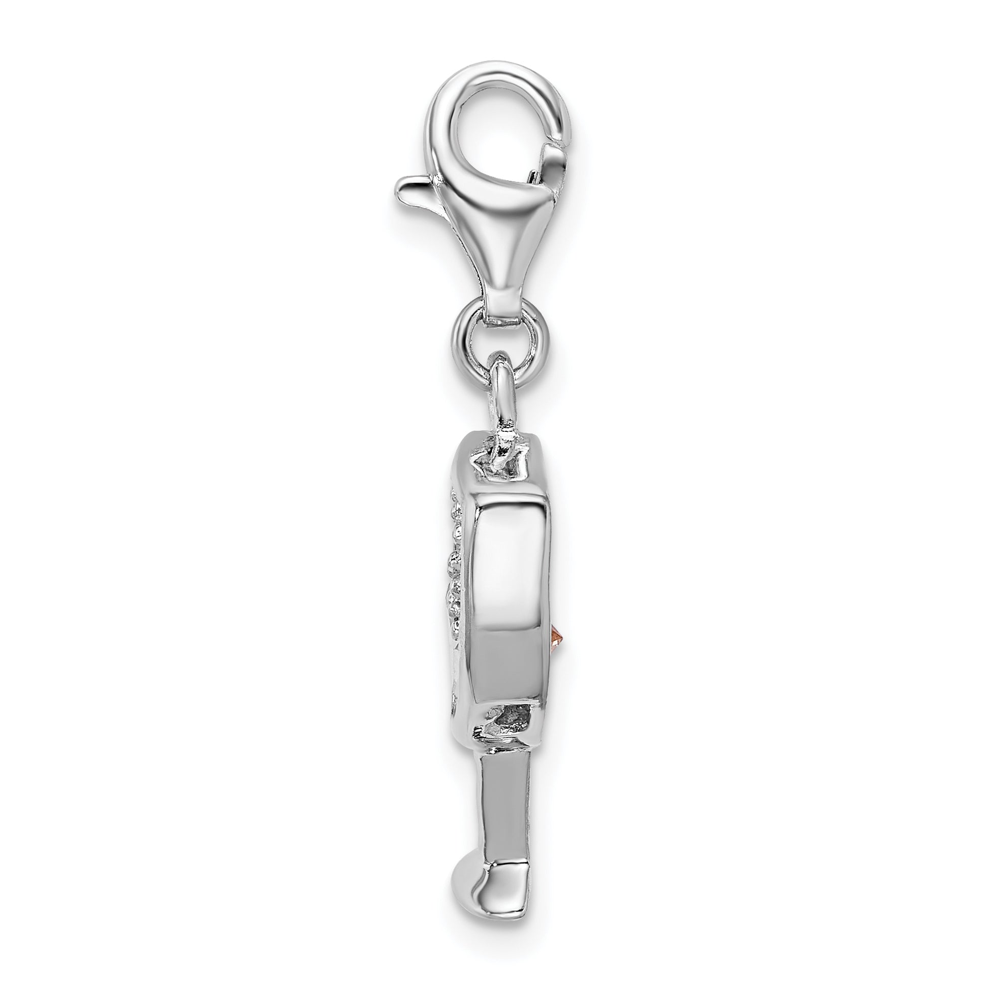 Sterling Silver Amore La Vita Rhodium-Plated Polished Cz Enameled Open Champagne Glass Charm With Fancy Lobster Clasp