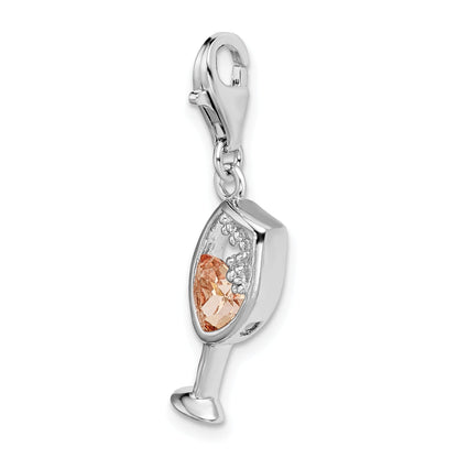 Sterling Silver Amore La Vita Rhodium-Plated Polished Cz Enameled Open Champagne Glass Charm With Fancy Lobster Clasp