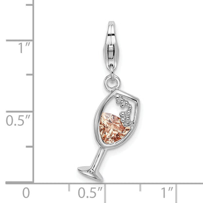 Sterling Silver Amore La Vita Rhodium-Plated Polished Cz Enameled Open Champagne Glass Charm With Fancy Lobster Clasp