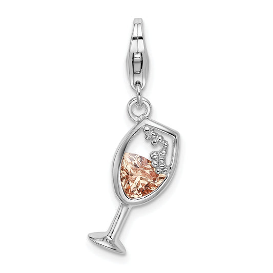 Sterling Silver Amore La Vita Rhodium-Plated Polished Cz Enameled Open Champagne Glass Charm With Fancy Lobster Clasp