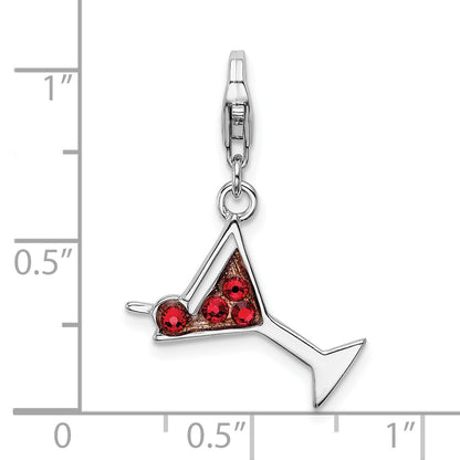 Sterling Silver Amore La Vita Rhodium-Plated Polished Enameled Red Crystal Martini Glass Charm With Fancy Lobster Clasp