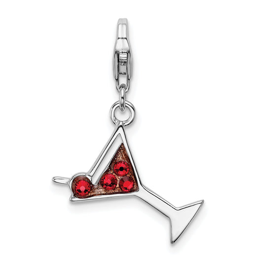 Sterling Silver Amore La Vita Rhodium-Plated Polished Enameled Red Crystal Martini Glass Charm With Fancy Lobster Clasp