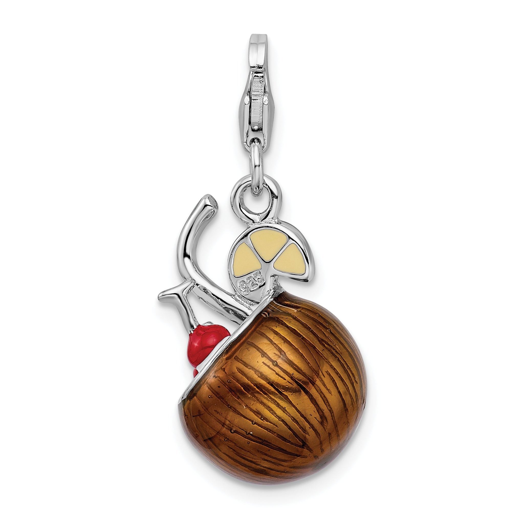 Sterling Silver Amore La Vita Rhodium-Plated Polished 3-D Enameled Pina Colada Charm With Fancy Lobster Clasp