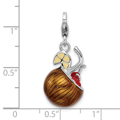 Sterling Silver Amore La Vita Rhodium-Plated Polished 3-D Enameled Pina Colada Charm With Fancy Lobster Clasp