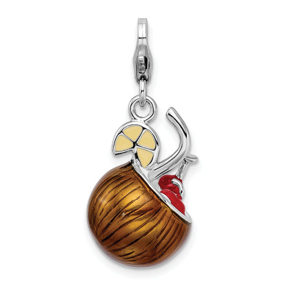 Sterling Silver Amore La Vita Rhodium-Plated Polished 3-D Enameled Pina Colada Charm With Fancy Lobster Clasp