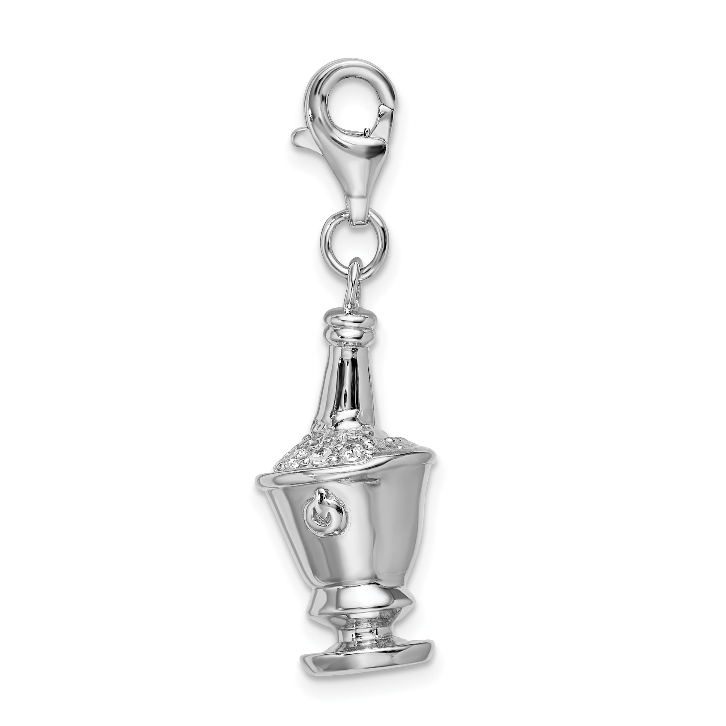Sterling Silver Amore La Vita Rhodium-Plated Polished 3-D Cz Champagne In Ice Bucket Charm With Fancy Lobster Clasp
