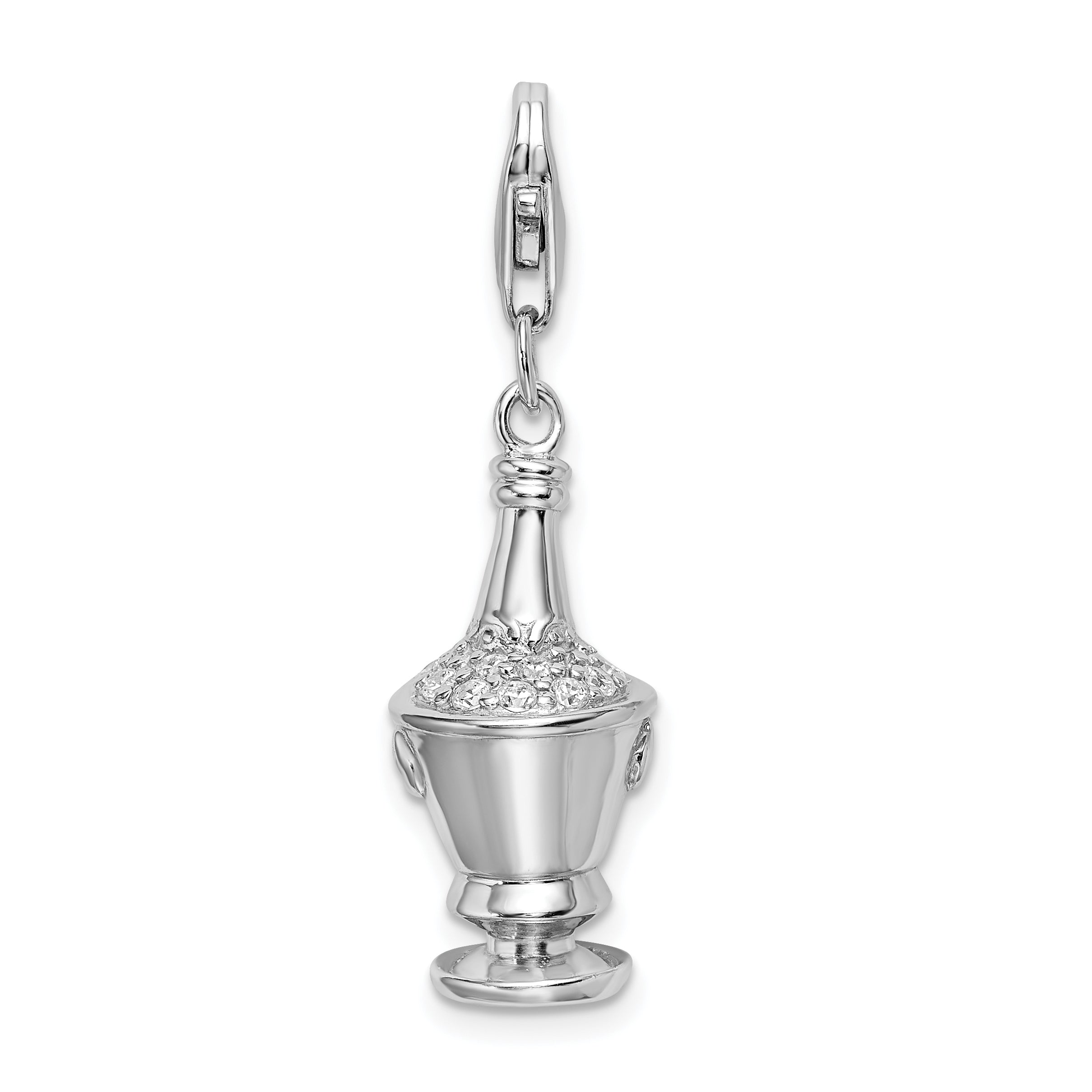 Sterling Silver Amore La Vita Rhodium-Plated Polished 3-D Cz Champagne In Ice Bucket Charm With Fancy Lobster Clasp