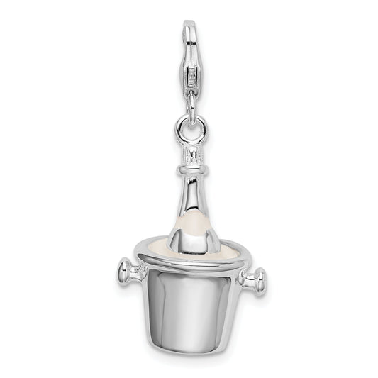 Sterling Silver Amore La Vita Rhodium-Plated Polished 3-D Enameled Champagne Bottle In Ice Bucket With Lobster Charm