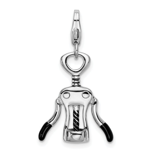 Sterling Silver Amore La Vita Rhodium-Plated Polished 3-D Enameled Cork Screw Charm With Fancy Lobster Clasp
