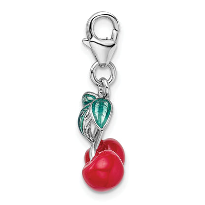 Sterling Silver Amore La Vita Rhodium-Plated Polished 3-D Enameled Red Cherries Charm With Fancy Lobster Clasp