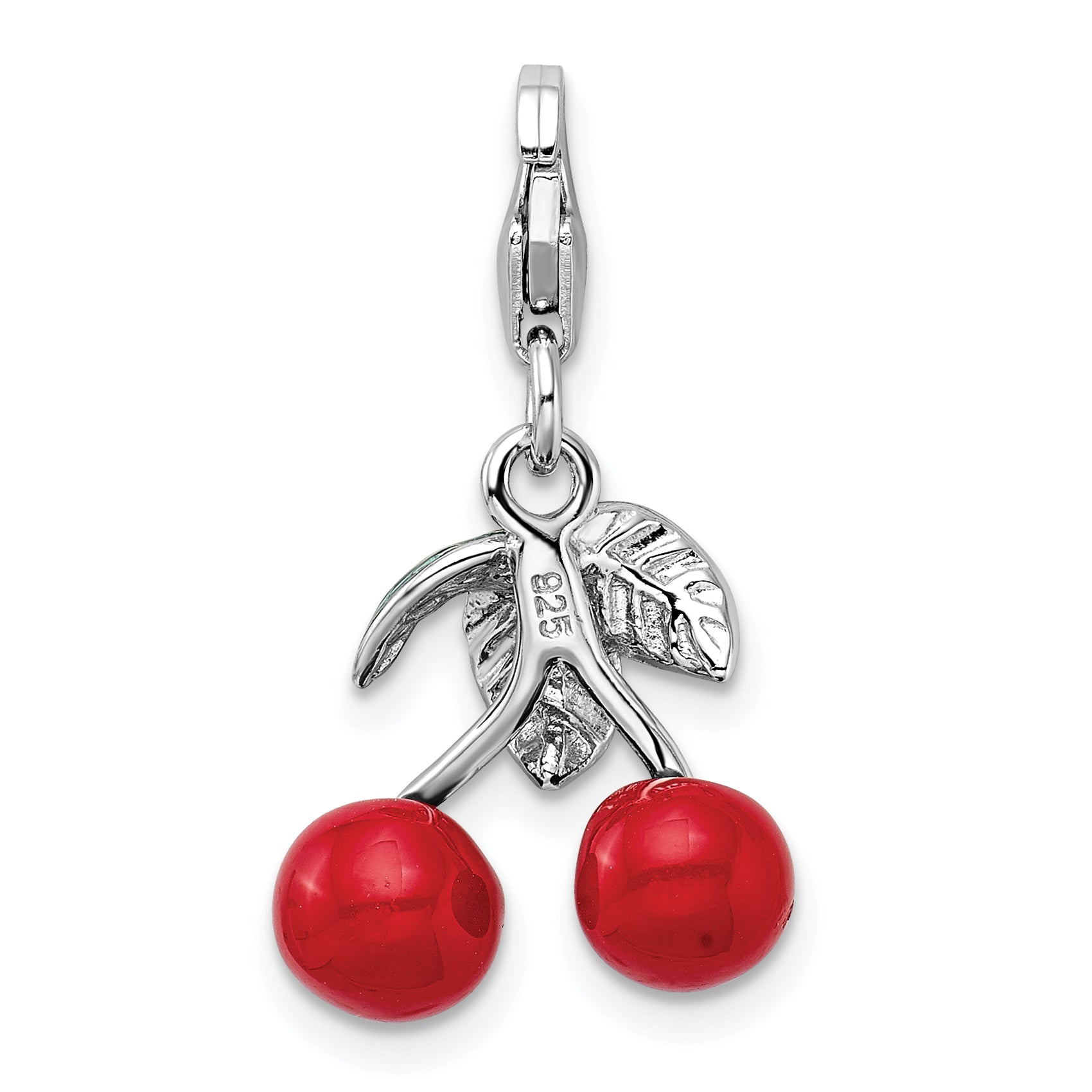 Sterling Silver Amore La Vita Rhodium-Plated Polished 3-D Enameled Red Cherries Charm With Fancy Lobster Clasp
