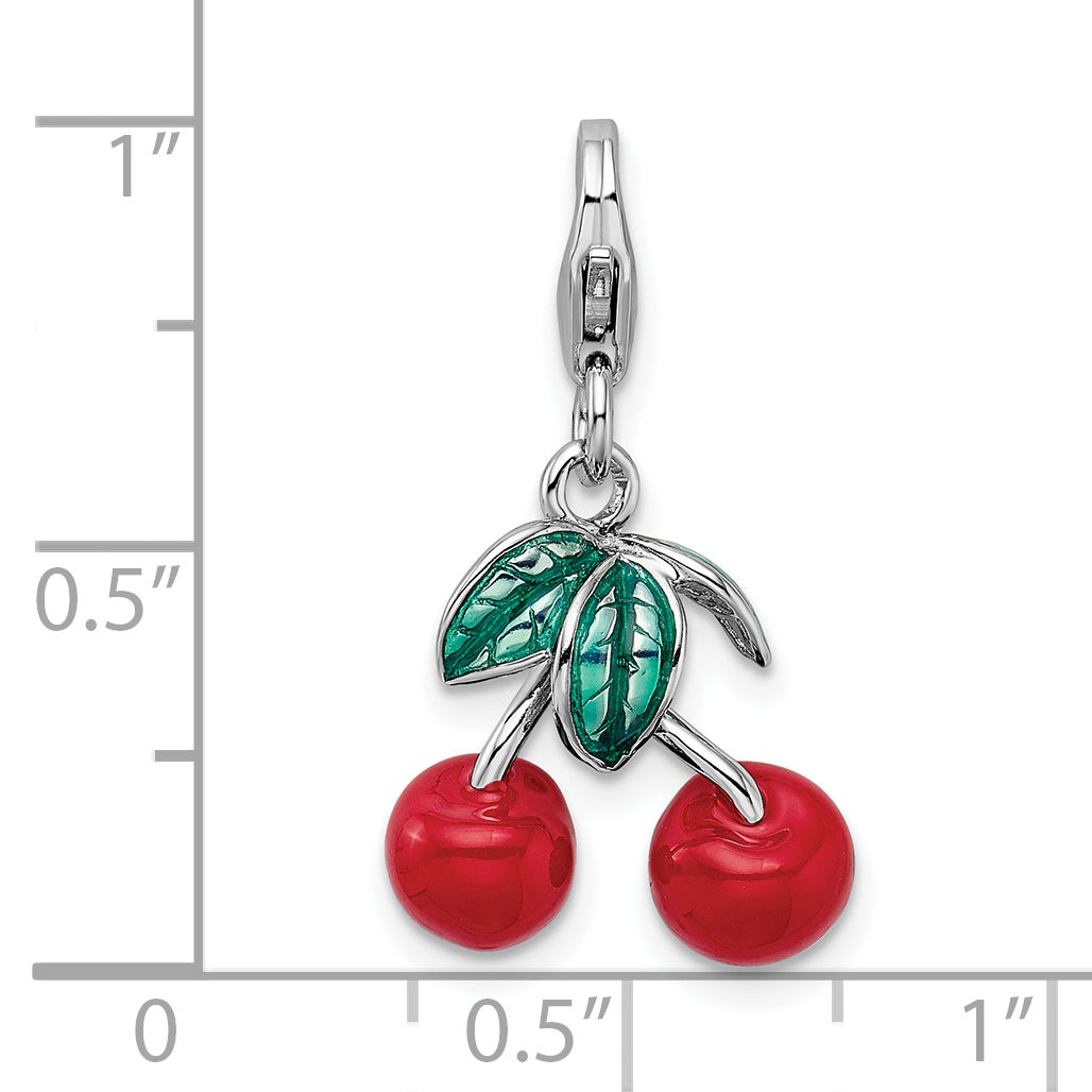 Sterling Silver Amore La Vita Rhodium-Plated Polished 3-D Enameled Red Cherries Charm With Fancy Lobster Clasp