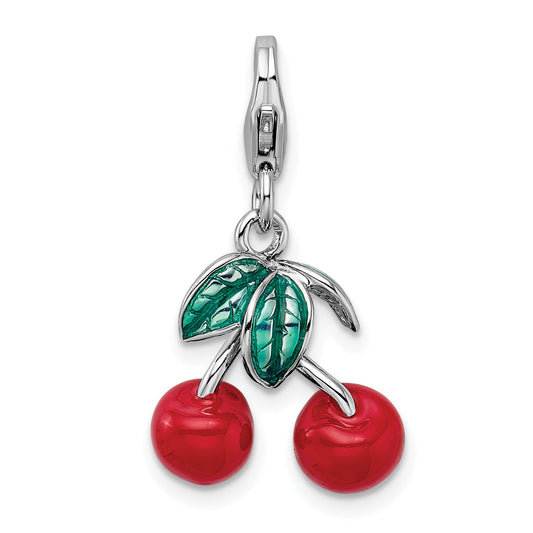 Sterling Silver Amore La Vita Rhodium-Plated Polished 3-D Enameled Red Cherries Charm With Fancy Lobster Clasp
