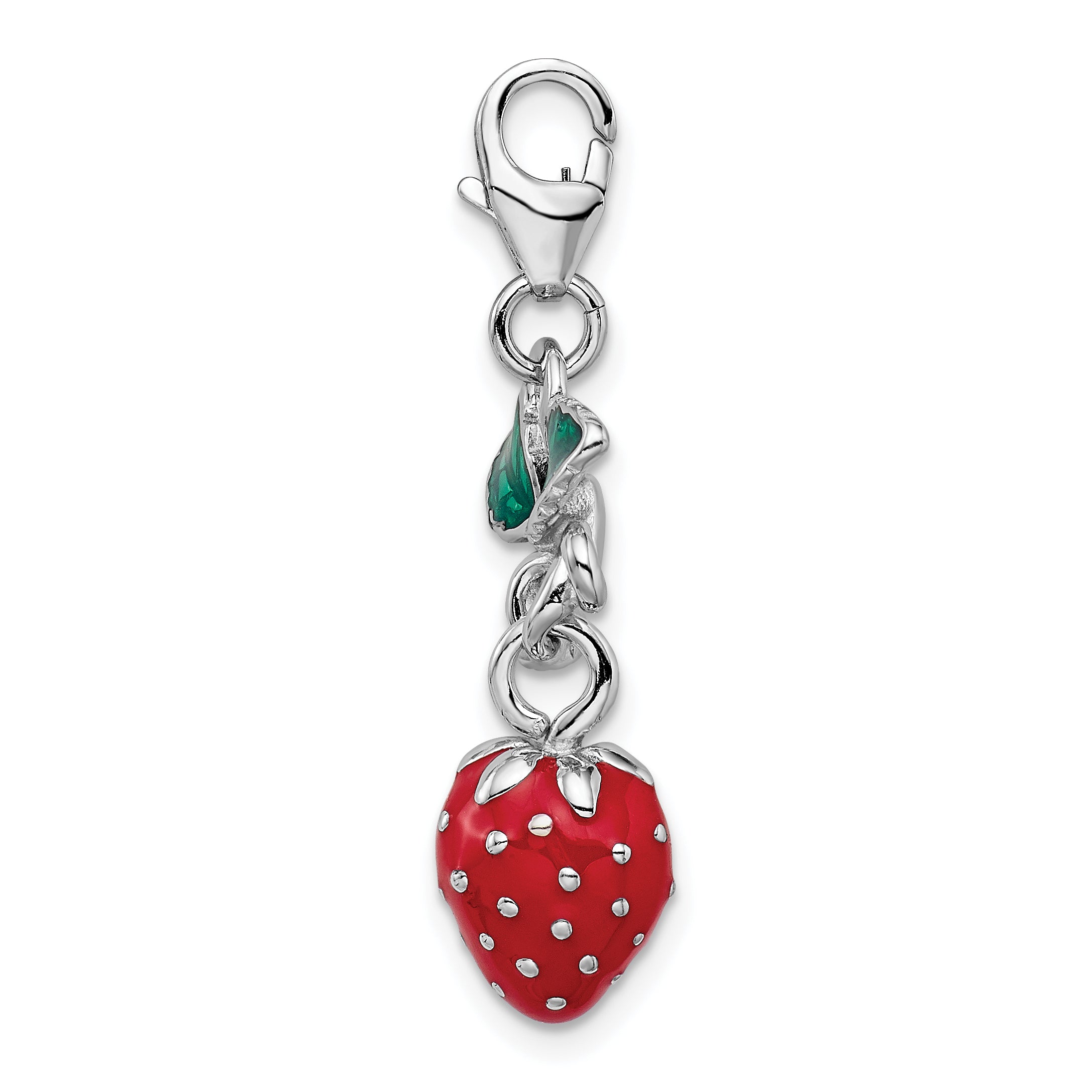 Sterling Silver Amore La Vita Rhodium-Plated Polished 3-D Enameled Strawberry Charm With Fancy Lobster Clasp