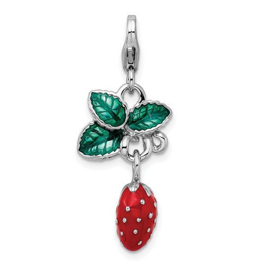 Sterling Silver Amore La Vita Rhodium-Plated Polished 3-D Enameled Strawberry Charm With Fancy Lobster Clasp